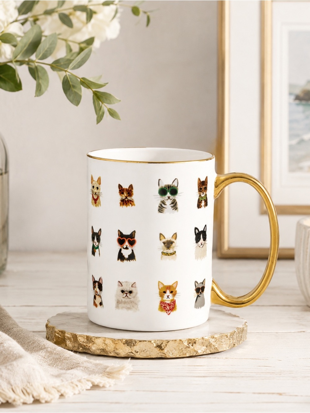 Rifle Paper Co. Cool Cats Ceramic Mug W/Gold Handle 4.5” In Height Cat Lover